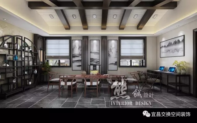 一種心曠神怡之感：悠悠的暖燈、純美的紅木博古架、秀麗的瓷器擺設(shè)、山水掛畫體現(xiàn)出中國文化的博大精深，右邊設(shè)計(jì)了現(xiàn)代化的辦公區(qū)域，充分滿足業(yè)主不同的需求。